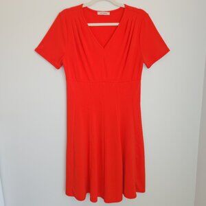 Boutique Ces Femme Size Large Orange Shoulder Pleated A-Line Midi Dress V-Neck